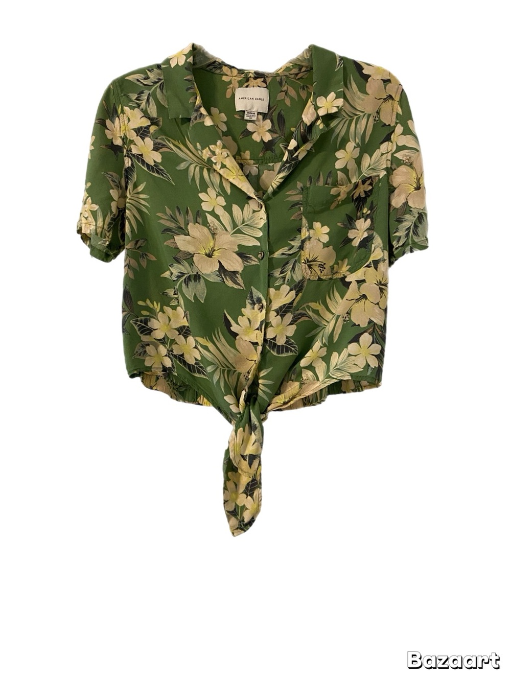 American Eagle Outfitters Green Floral Tie-Front Crop Top